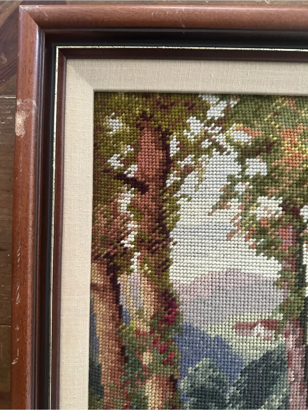 VINTAGE Handcrafted Needlepoint Forest Path Wall Art Brown and Green- 16” x 20”